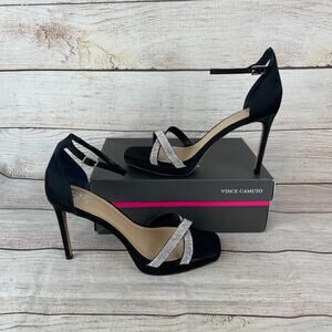 Vince Camuto Kalvira2 Womens Sz 11M Open Toe Heels Black Satin Ankle Strap